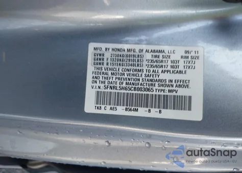2012 Honda Odyssey Ex-L z USA, uszkodzony, nr VIN 5FNRL5H65CB003065